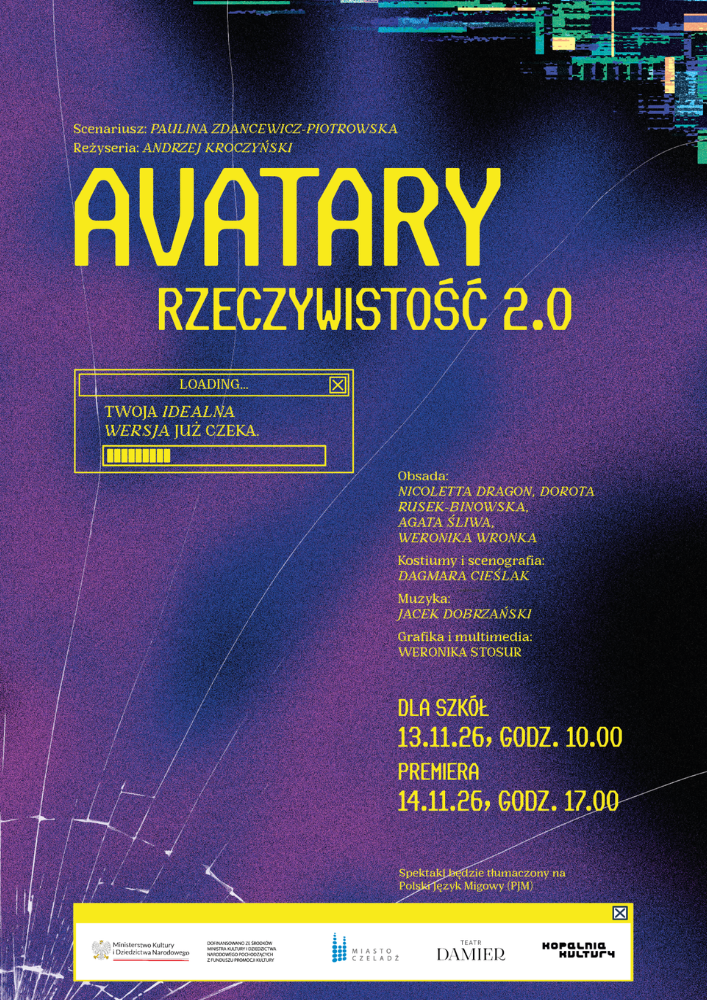 fioletowy plakat z pękniętym ekranem i efektami zakłóceń promujący spektakl Awatary Rzeczywistość 2.0